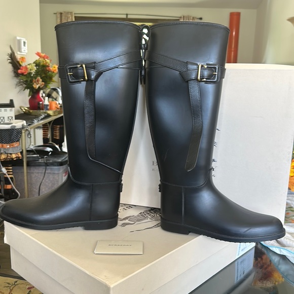 Burberry Shoes - Burberry knee-high rubber rain boots. Equestrian style with brass buckle. Sz 7
